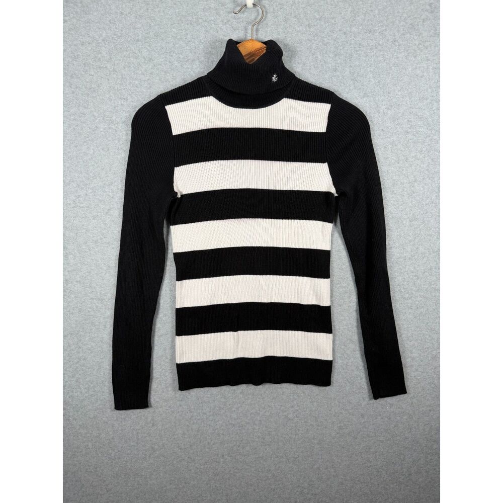 Lauren Ralph Lauren Black White Striped Turtleneck Sweater Women’s M 3817